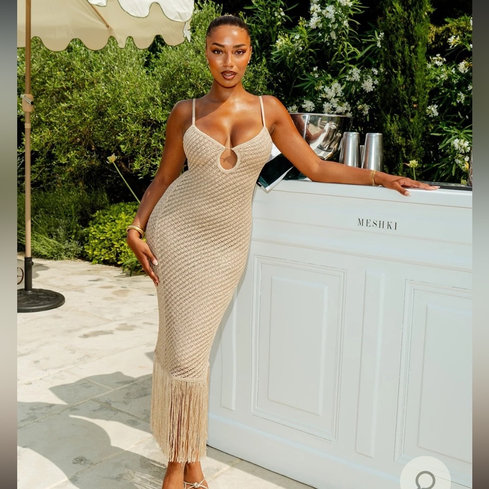 Meshki Raelynn Metallic Knit Fringe Midi Dress - Gold